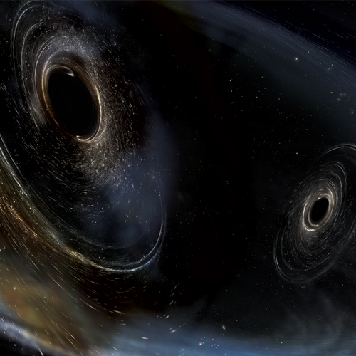 Rappresentazione artistica di due buchi neri che si fondono |
Artist's impression of two black holes merging | 
©LIGO/Caltech/MIT/Sonoma State (Aurore Simonnet)