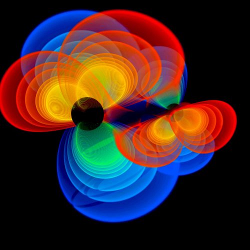 Due buchi neri che si muovono a spirale l'uno intorno all'altro
Two black holes spiraling around each other. ©C. Reisswig, L. Rezzolla, Max-Planck-Institut für Gravitationsphysik